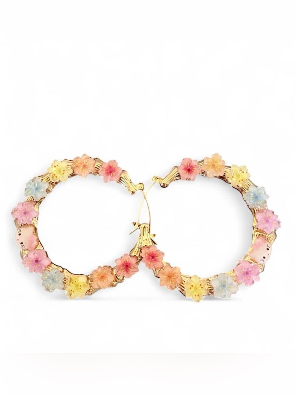Floral Pastel Hoop door knockers Earrings - Gold-tone Multicolor Flowers